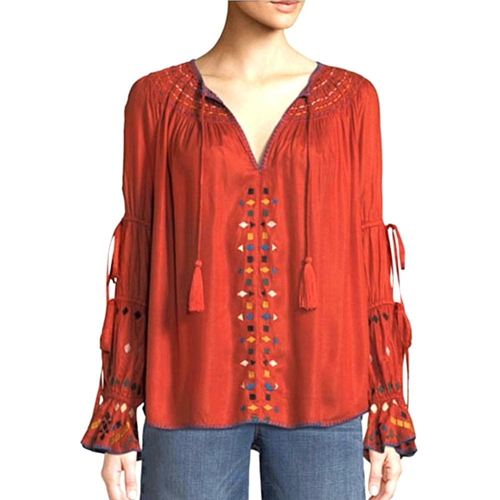 Anthropologie Red Carter Tassel Boho Peasant Blouse